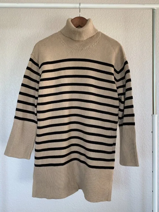Gap Stripe Mini Sweater Dress – Camel Tan & Black – 100% Cotton – Size M – NWT - Picture 2 of 7
